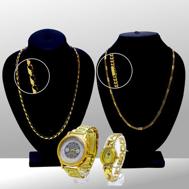 Mens Golden Watch + Ladies Watch + 2 Chain (MLGW2C)