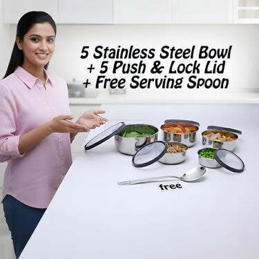 5 Stainless Steel Bowl + 5 Push & Lock Lid with Free Serving Spoon (10PL6)
