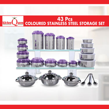 43 Pcs Coloured Stainless Steel Storage Set + Free Double Bedsheet with 2 Pillow Covers (43SSN)