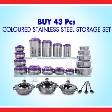 43 Pcs Coloured Stainless Steel Storage Set + Free Double Bedsheet with 2 Pillow Covers (43SSN)